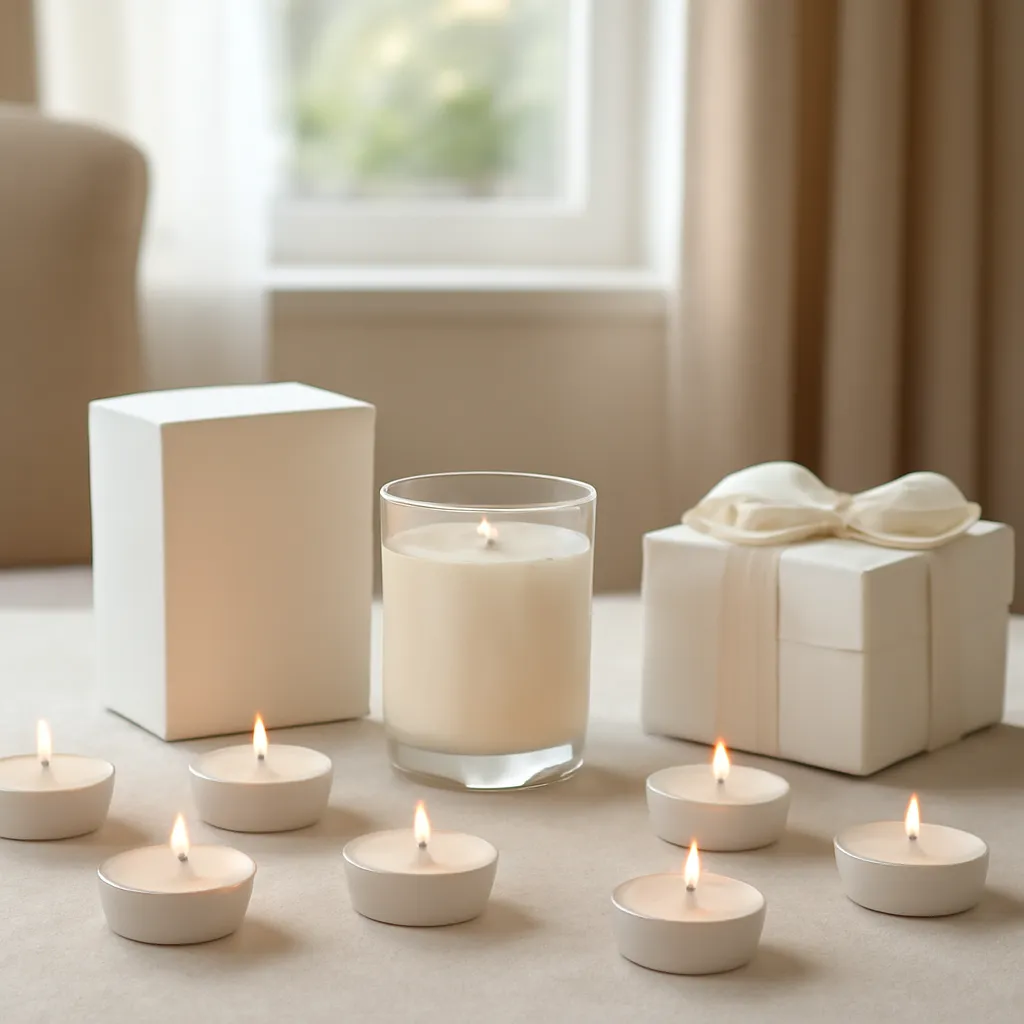 Commercial CTA image: premium scented candle presentation related to small scented tea lights arranged on an elegant table, gift-ready ecommerce styling, no text