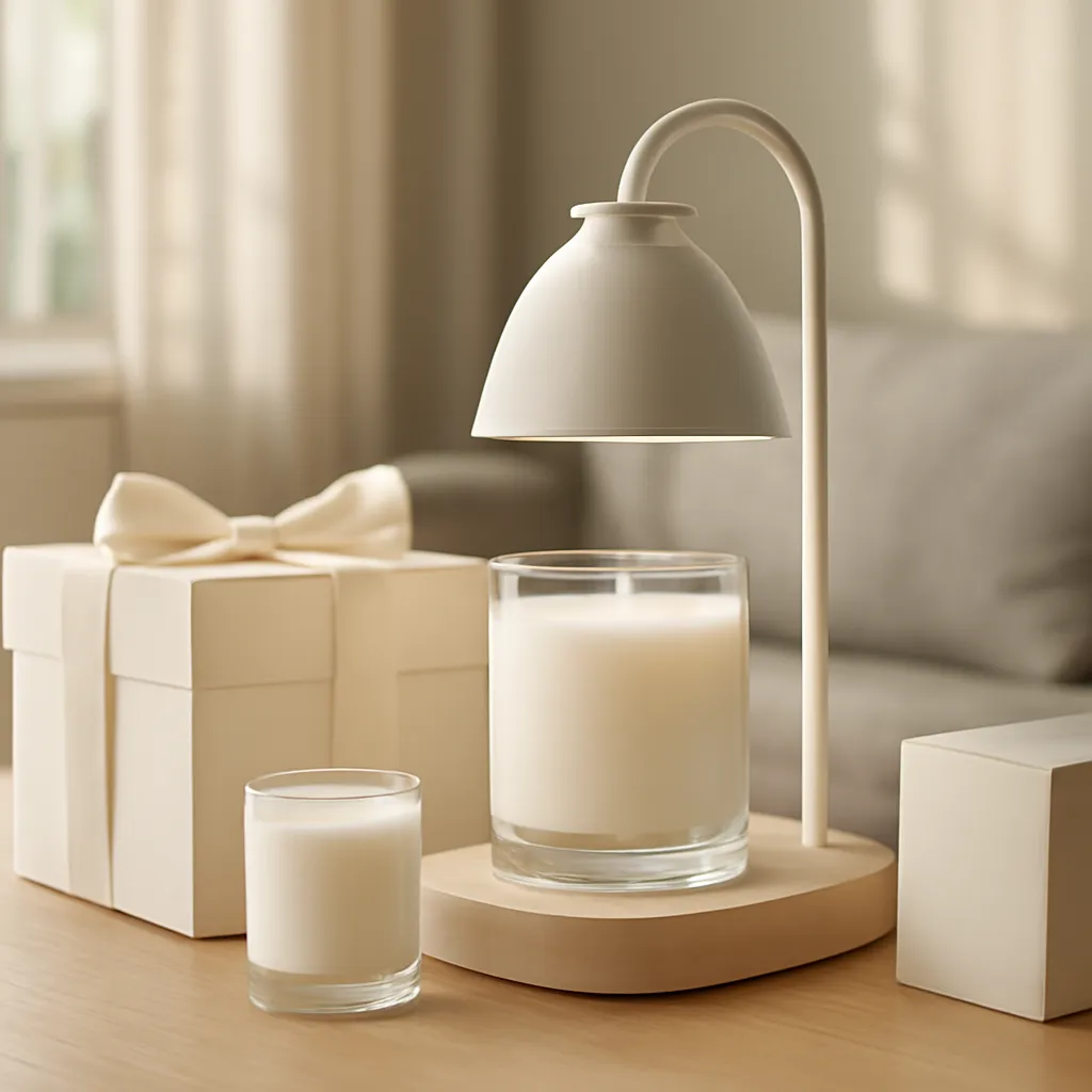 Commercial CTA image: premium scented candle presentation related to wickless candle melting under an elegant warmer lamp, gift-ready ecommerce styling, no text