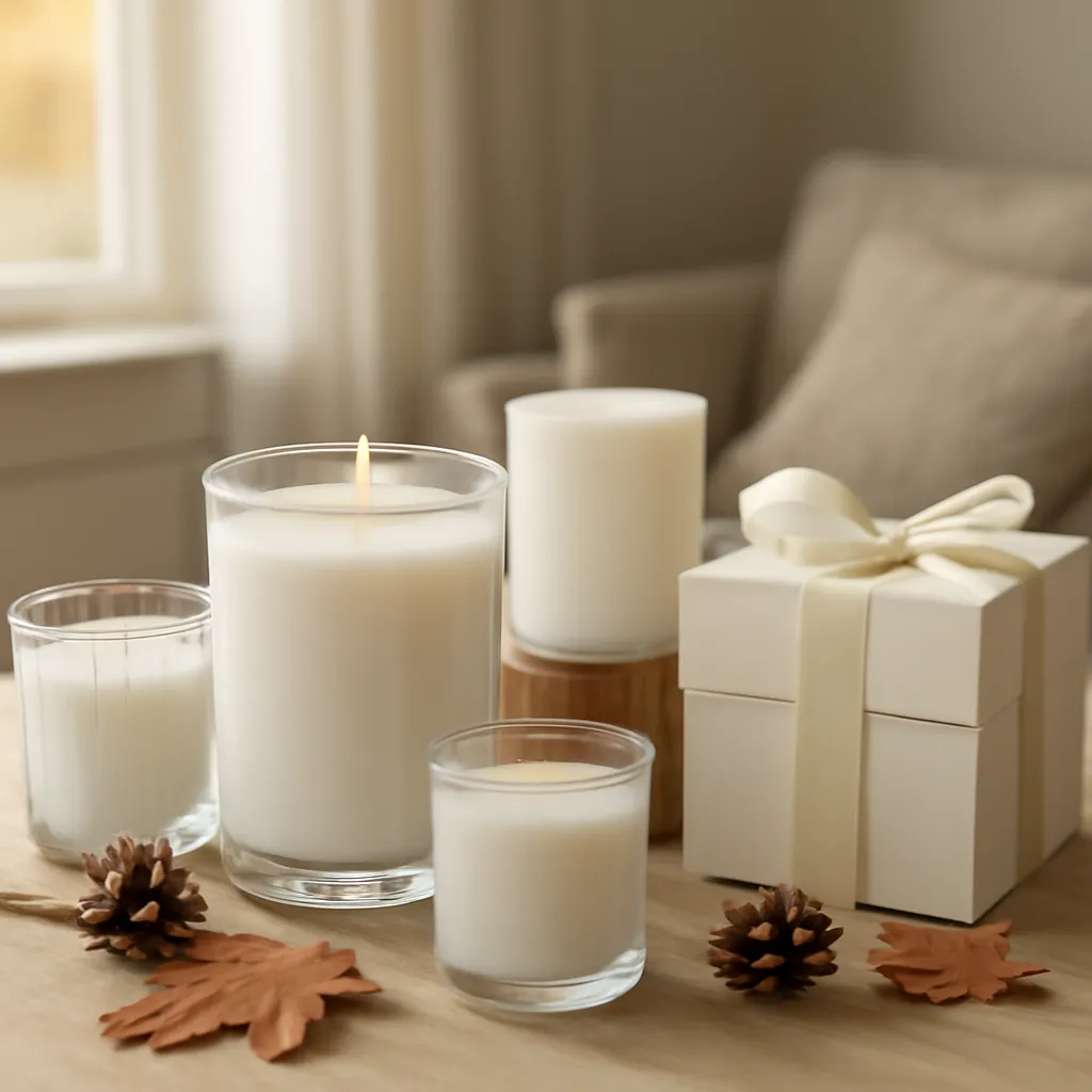 Commercial CTA image: elegant fall candle product presentation related to seven-family autumn fragrance wheel, gift-ready styling, premium ecommerce photography, no text