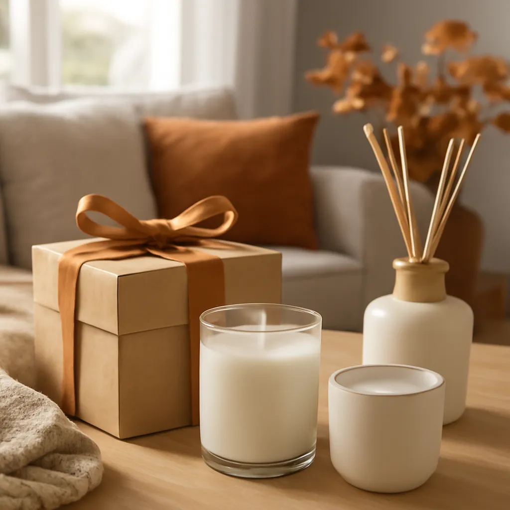 Commercial CTA image: gift-ready scented candle presentation related to late-summer to autumn home transition, premium ecommerce photography, no text