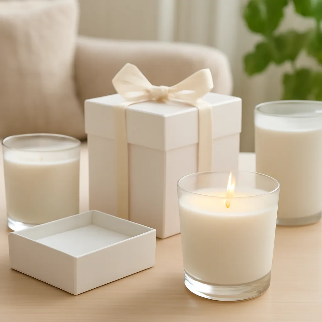 Commercial CTA image: premium scented candle presentation related to premium scented candle gift set with coordinated packaging, gift-ready ecommerce styling, no text