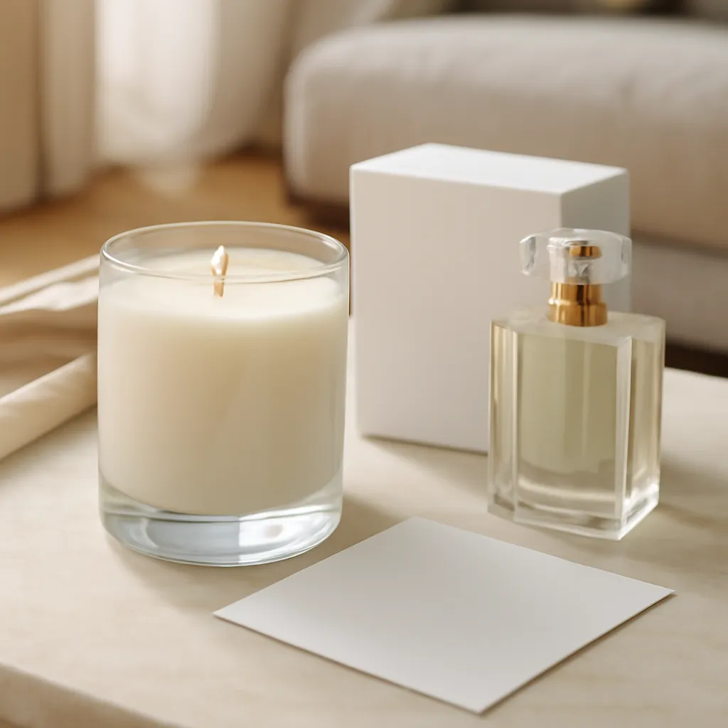 Commercial CTA image: premium scented candle presentation related to fine-fragrance inspired candles beside elegant perfume styling, gift-ready ecommerce styling, no text