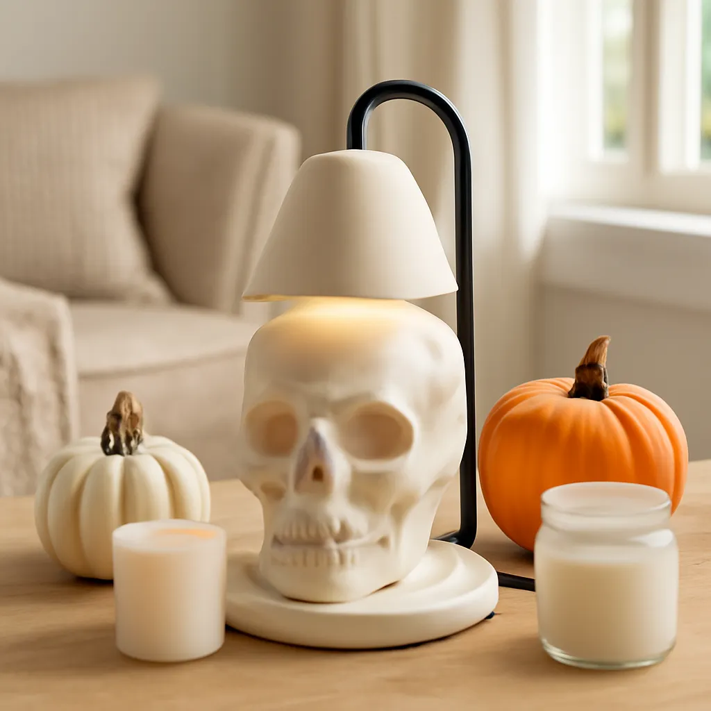 Commercial CTA image: gift-ready Skull Candle Warmer Lamp or skull wax warmer related to simple Halloween wax warmer setup with three decorative accents, premium ecommerce photography, no text
