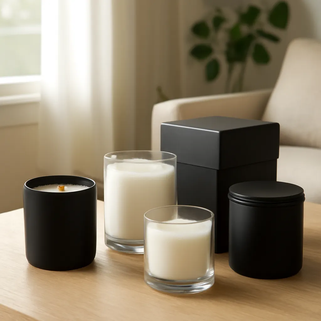 Commercial CTA image: premium scented candle presentation related to refined dark-toned candle collection for modern interiors, gift-ready ecommerce styling, no text