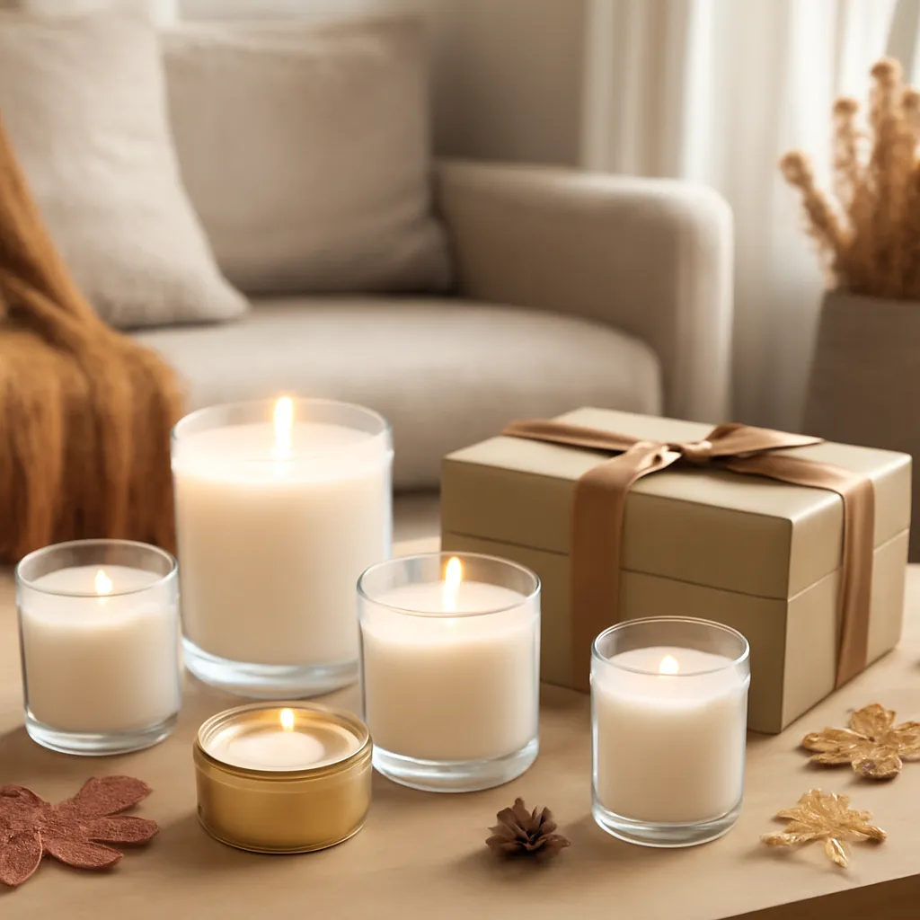 Commercial CTA image: elegant fall candle product presentation related to affordable candles with premium visual quality, gift-ready styling, premium ecommerce photography, no text