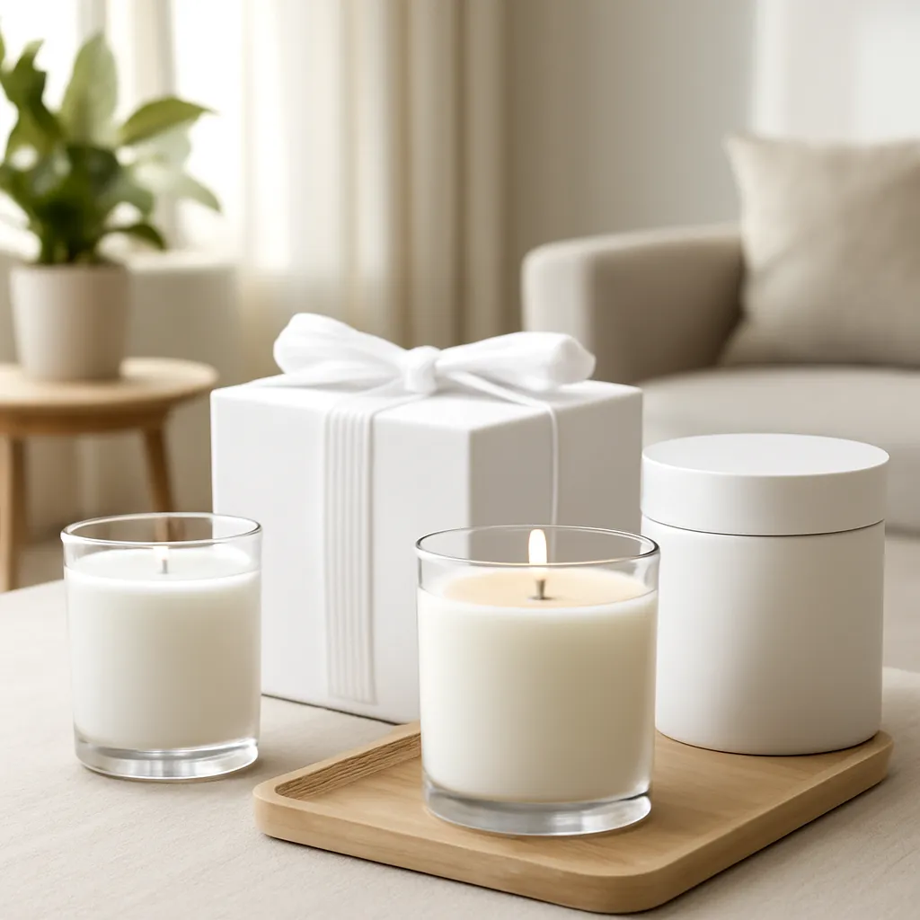 Commercial CTA image: gift-ready scented candle presentation related to clean candle use in a ventilated modern room, premium ecommerce photography, no text