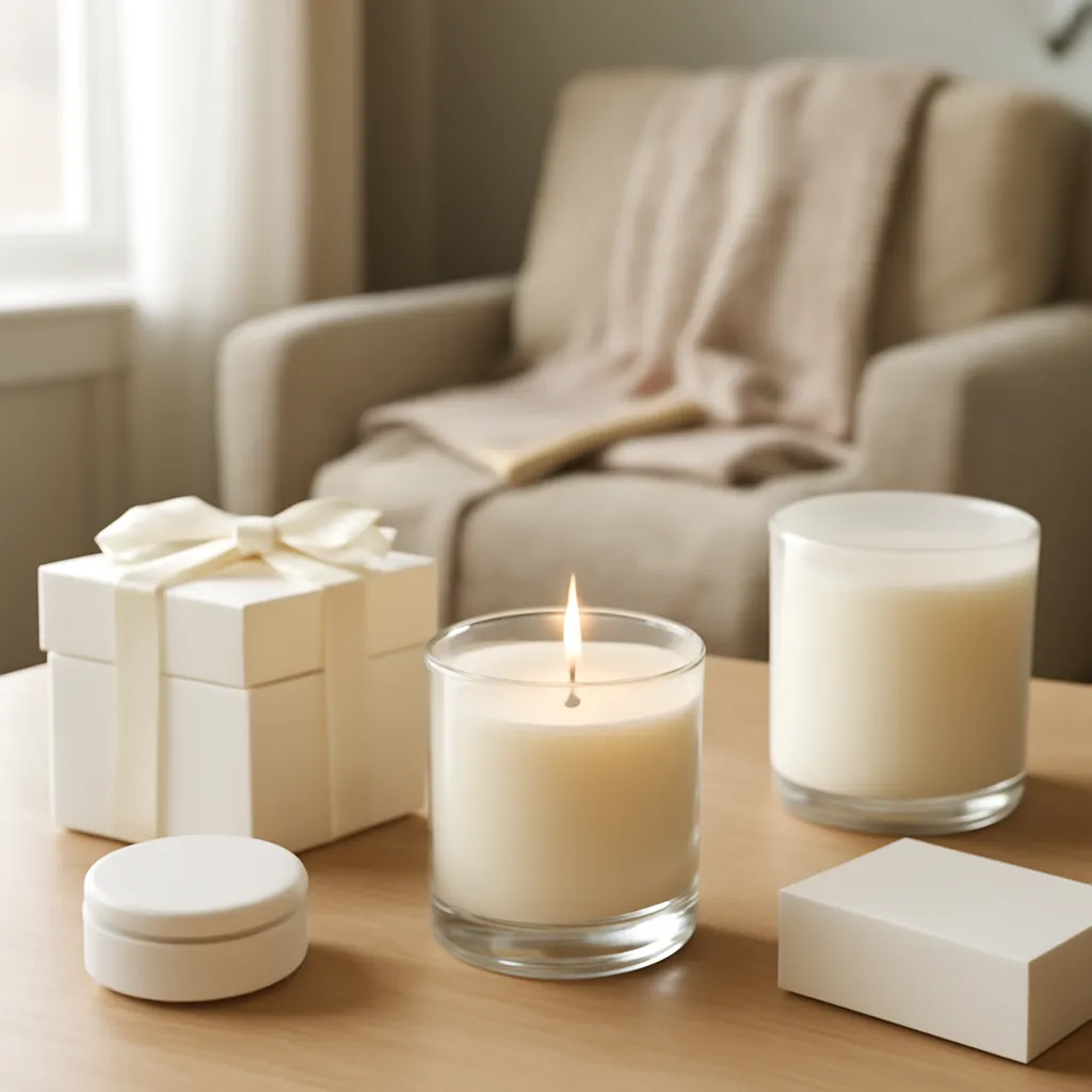 Commercial CTA image: premium scented candle presentation related to calm evening reading corner with a softly scented candle, gift-ready ecommerce styling, no text