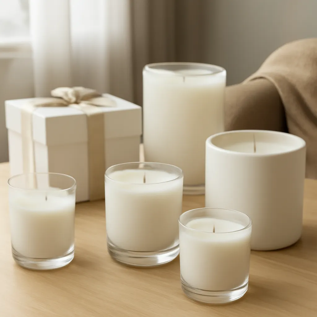 Commercial CTA image: premium scented candle presentation related to six refined vanilla candle profiles, gift-ready ecommerce styling, no text