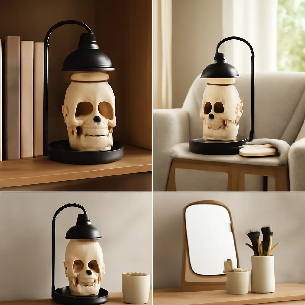 Commercial CTA image: gift-ready Skull Candle Warmer Lamp or skull wax warmer related to three Gothic wax warmer scenes: bookshelf, reading nook and vanity, premium ecommerce photography, no text