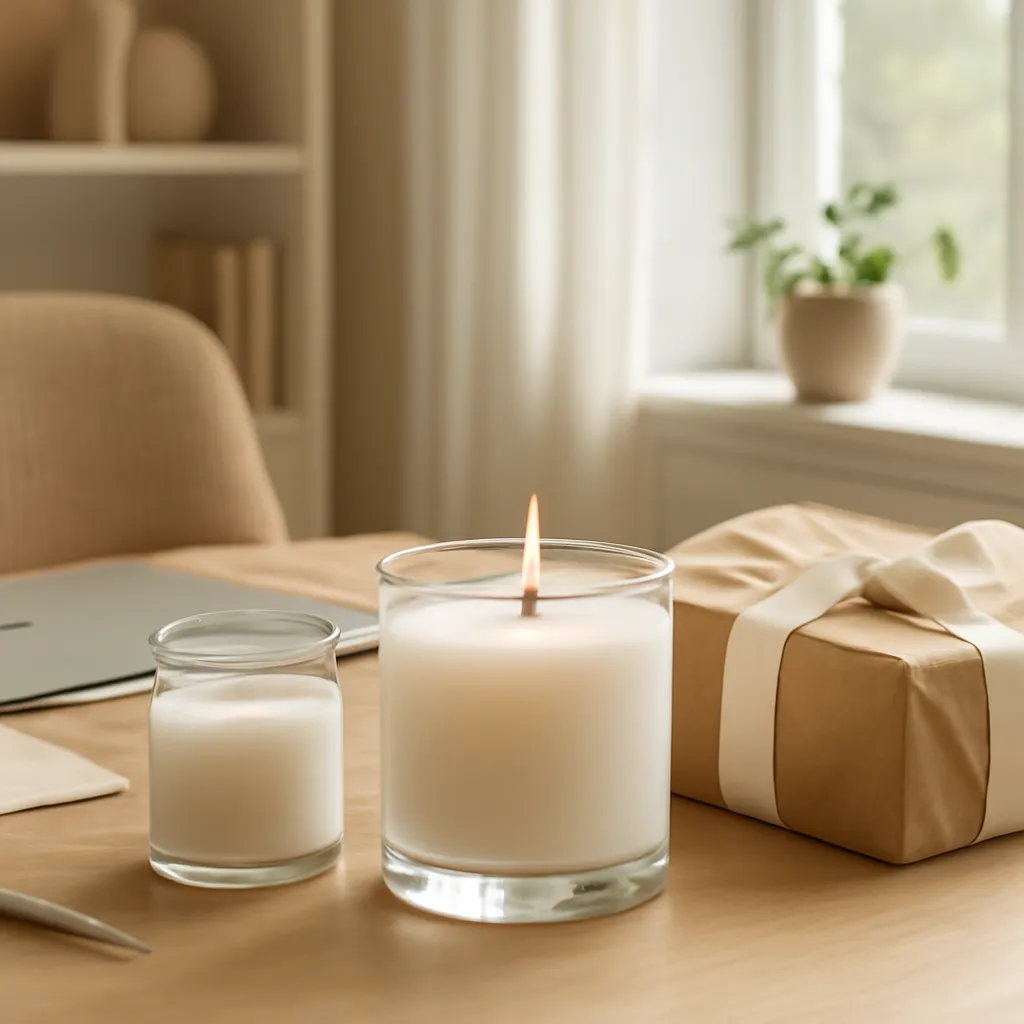 Commercial CTA image: gift-ready scented candle presentation related to cozy productive home office with candle, premium ecommerce photography, no text