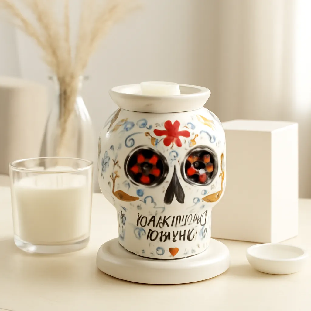Commercial CTA image: gift-ready Skull Candle Warmer Lamp or skull wax warmer related to colorful sugar skull wax warmer in a refined neutral space, premium ecommerce photography, no text