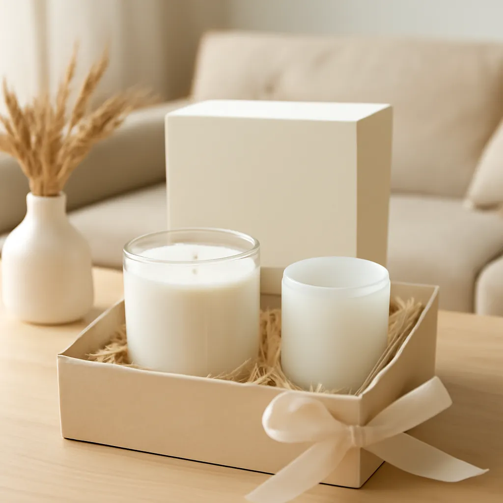 Commercial CTA image: gift-ready scented candle presentation related to layered signature home fragrance, premium ecommerce photography, no text