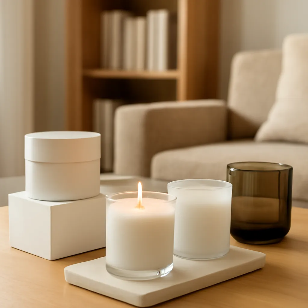 Commercial CTA image: premium scented candle presentation related to luxury woody candles in a modern reading room, gift-ready ecommerce styling, no text
