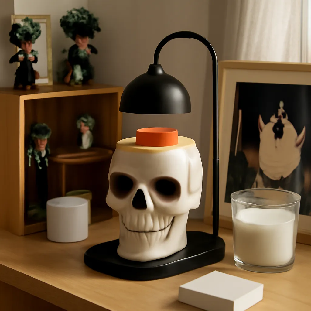Commercial CTA image: gift-ready Skull Candle Warmer Lamp or skull wax warmer related to anime-inspired wax warmer corner with organized collectibles, premium ecommerce photography, no text