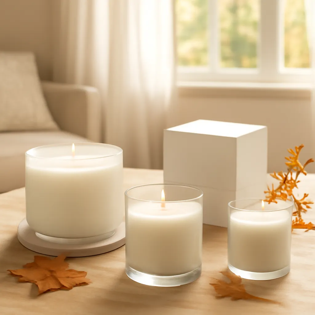 Commercial CTA image: elegant fall candle product presentation related to candle problem diagnostic grid, gift-ready styling, premium ecommerce photography, no text