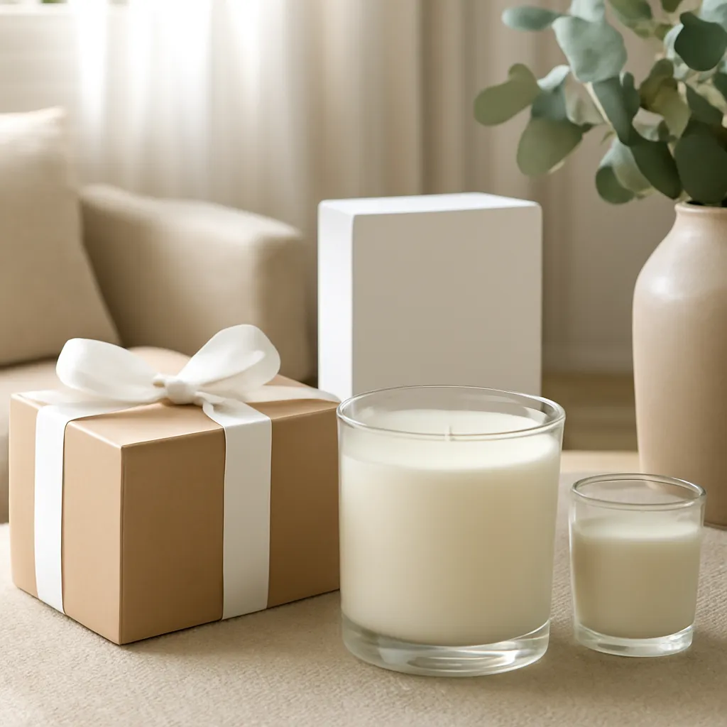 Commercial CTA image: gift-ready scented candle presentation related to online product descriptions and scent notes, premium ecommerce photography, no text