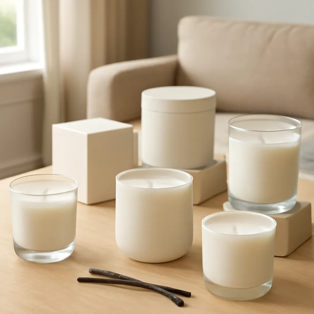 Commercial CTA image: premium scented candle presentation related to six sophisticated vanilla candle profiles, gift-ready ecommerce styling, no text