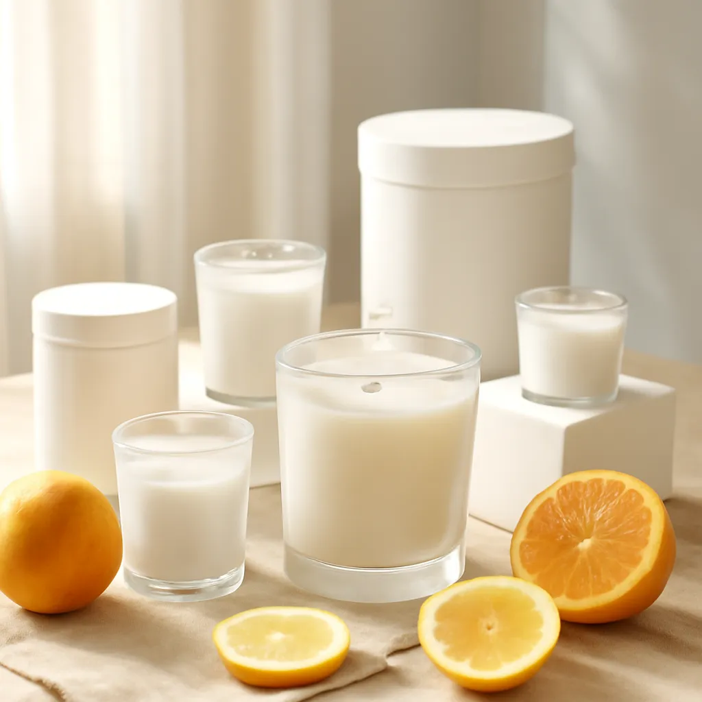 Commercial CTA image: premium scented candle presentation related to fresh fruit and citrus candle collection in natural daylight, gift-ready ecommerce styling, no text