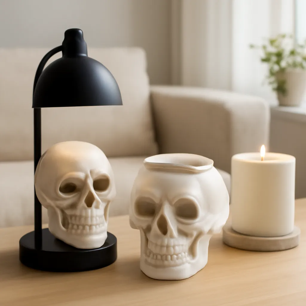 Commercial CTA image: gift-ready Skull Candle Warmer Lamp or skull wax warmer related to skull diffuser, wax warmer and candle warmer compared together, premium ecommerce photography, no text