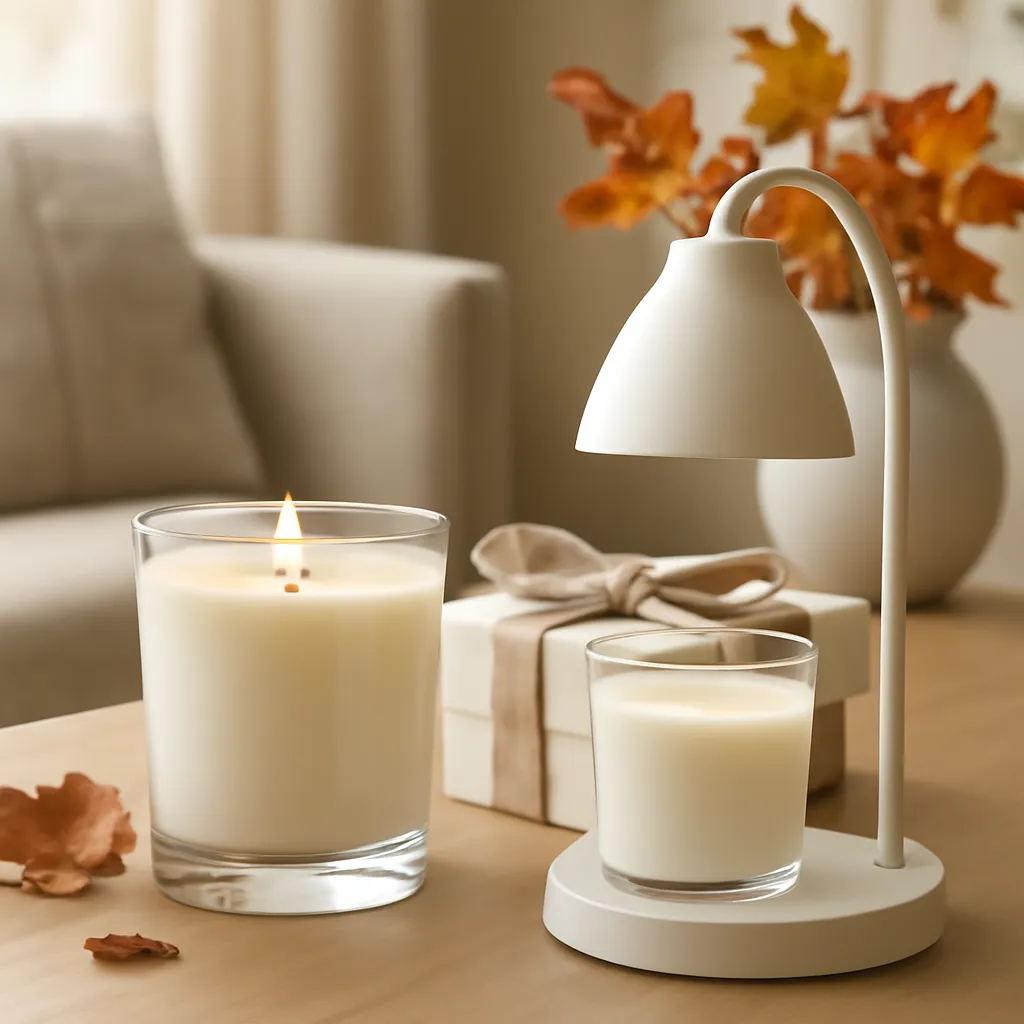 Commercial CTA image: elegant fall candle product presentation related to traditional candle and warmer lamp comparison, gift-ready styling, premium ecommerce photography, no text