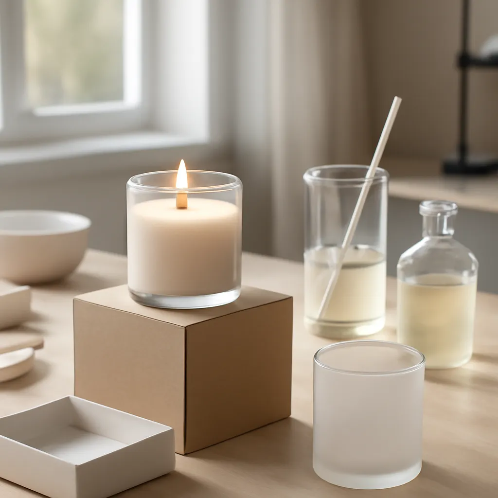Commercial CTA image: gift-ready scented candle presentation related to advanced candle-making laboratory-style workspace, premium ecommerce photography, no text