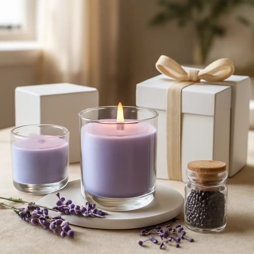 Commercial CTA image: premium scented candle presentation related to elegant lavender candle with herbal ingredients, gift-ready ecommerce styling, no text