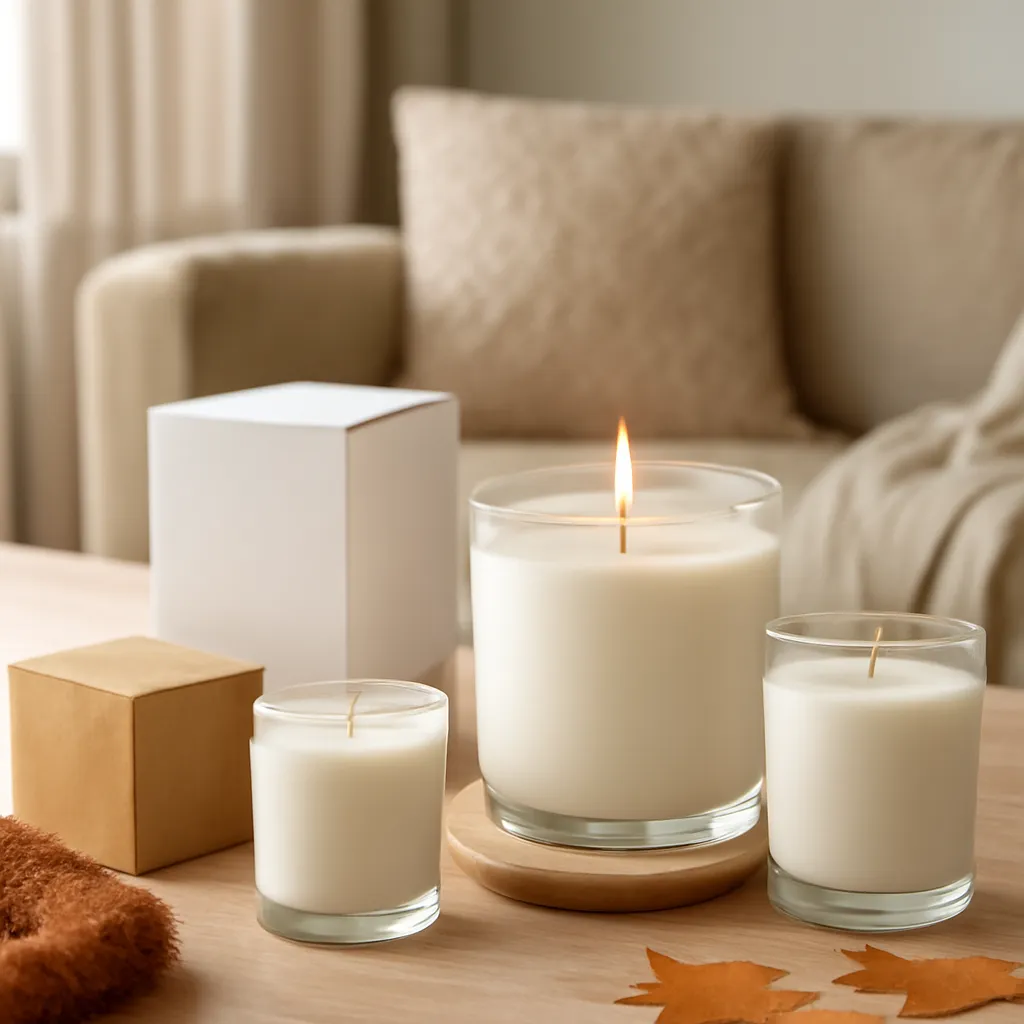 Commercial CTA image: premium scented candle presentation related to warm autumn candle collection in a refined home, gift-ready ecommerce styling, no text