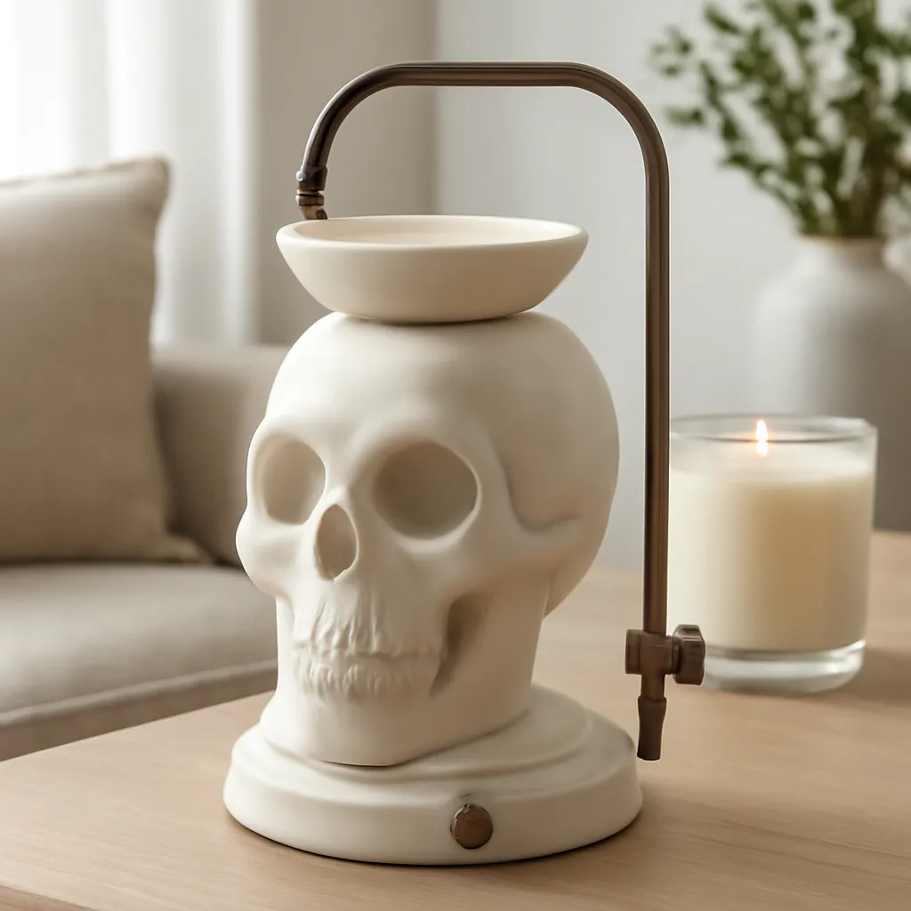 Commercial CTA image: gift-ready Skull Candle Warmer Lamp or skull wax warmer related to close-up of skull candle warmer controls and adjustable structure, premium ecommerce photography, no text