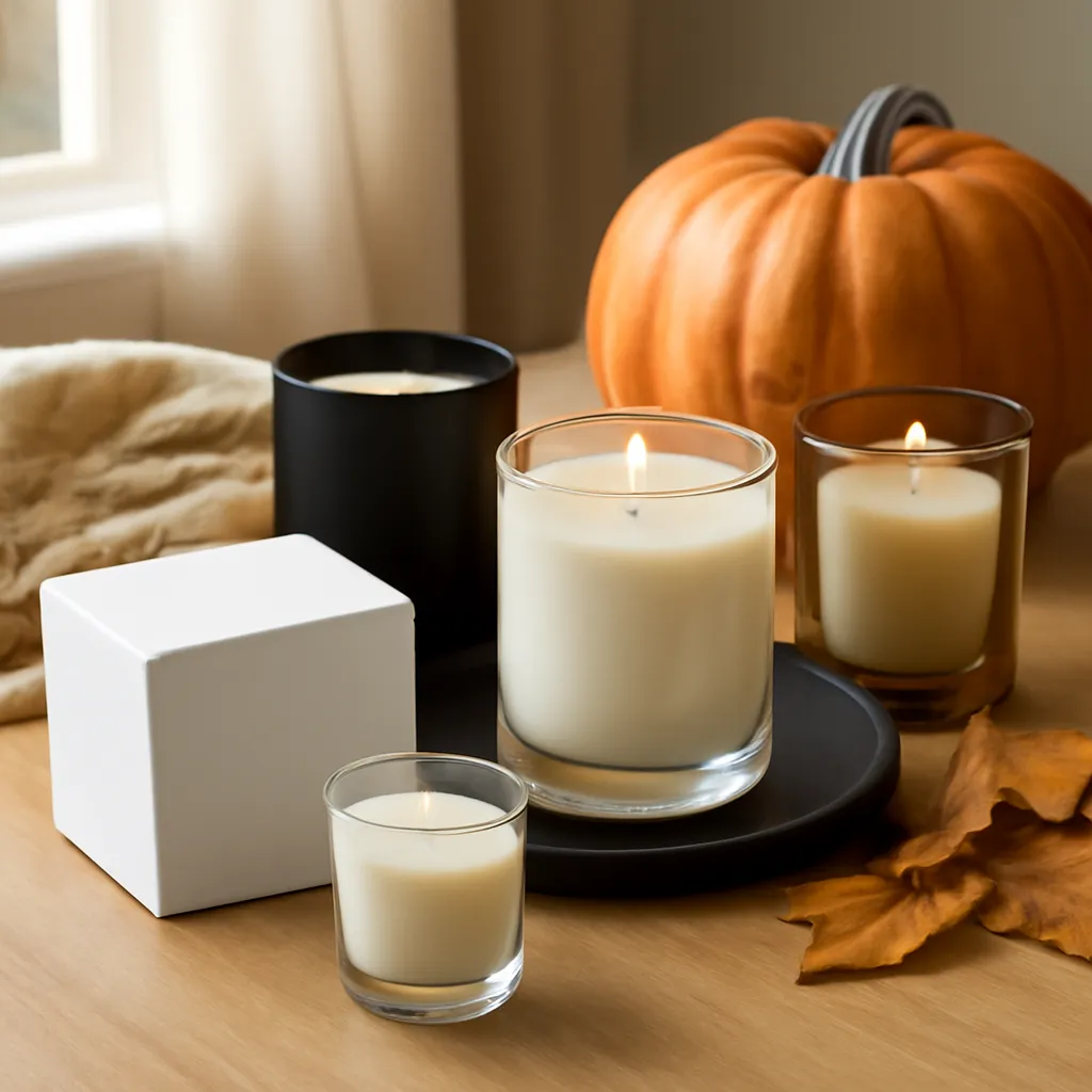 Commercial CTA image: elegant fall candle product presentation related to elegant black cream amber Halloween styling, gift-ready styling, premium ecommerce photography, no text