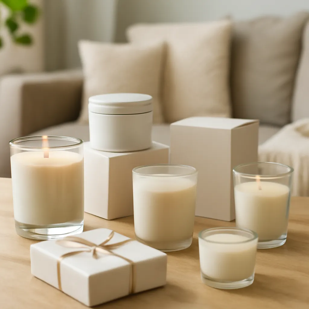Commercial CTA image: gift-ready scented candle presentation related to ten creative coffee candle concepts, premium ecommerce photography, no text
