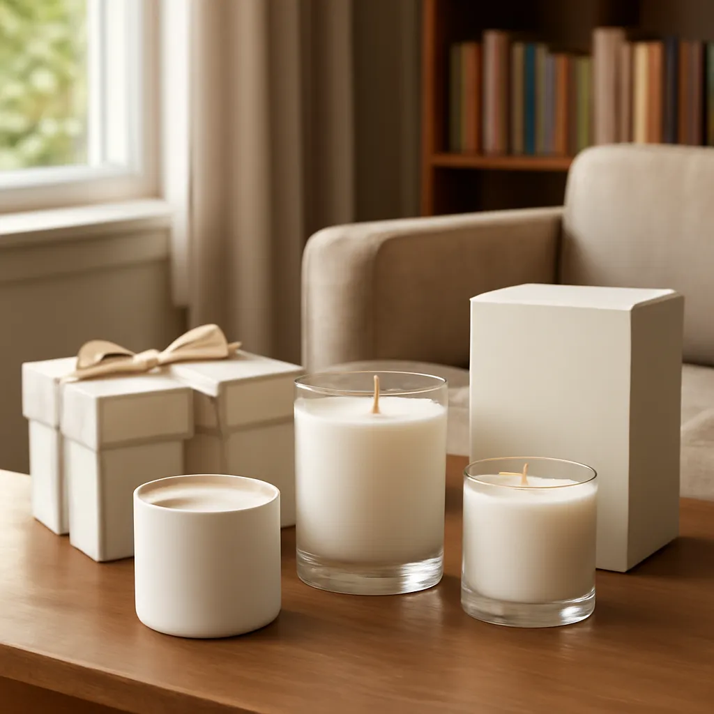 Commercial CTA image: premium scented candle presentation related to luxury woody candle collection in a reading room, gift-ready ecommerce styling, no text