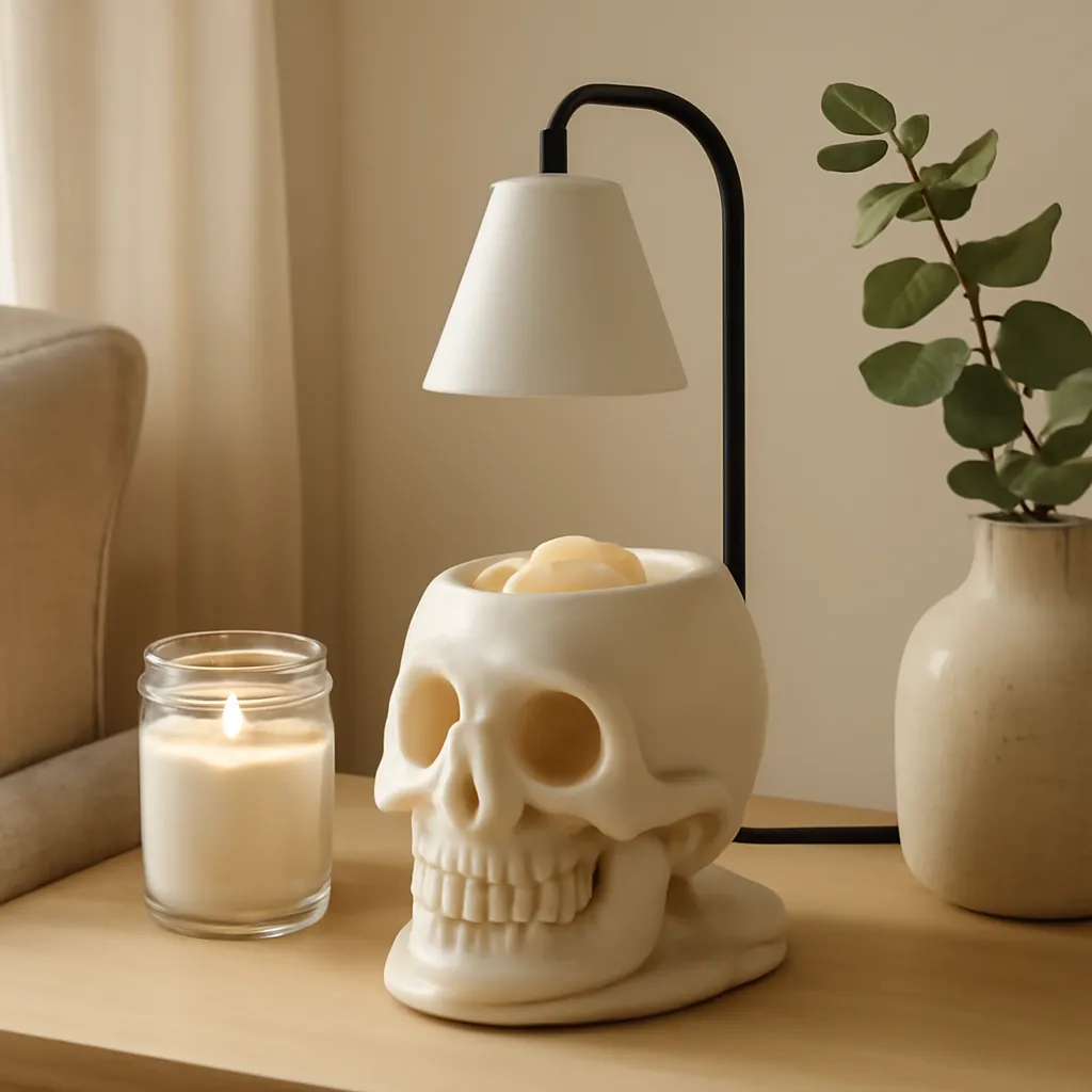 Commercial CTA image: gift-ready Skull Candle Warmer Lamp or skull wax warmer related to compact electric skull wax warmer in a small apartment corner, premium ecommerce photography, no text