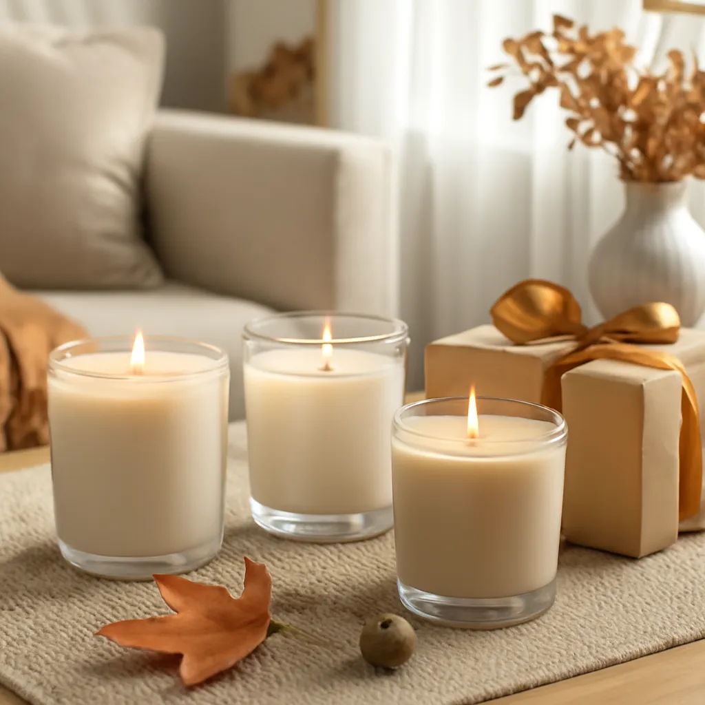 Commercial CTA image: elegant fall candle product presentation related to three-style fall candle interior comparison, gift-ready styling, premium ecommerce photography, no text