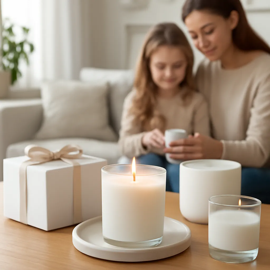 Commercial CTA image: gift-ready scented candle presentation related to carefully supervised candle use in a family home, premium ecommerce photography, no text