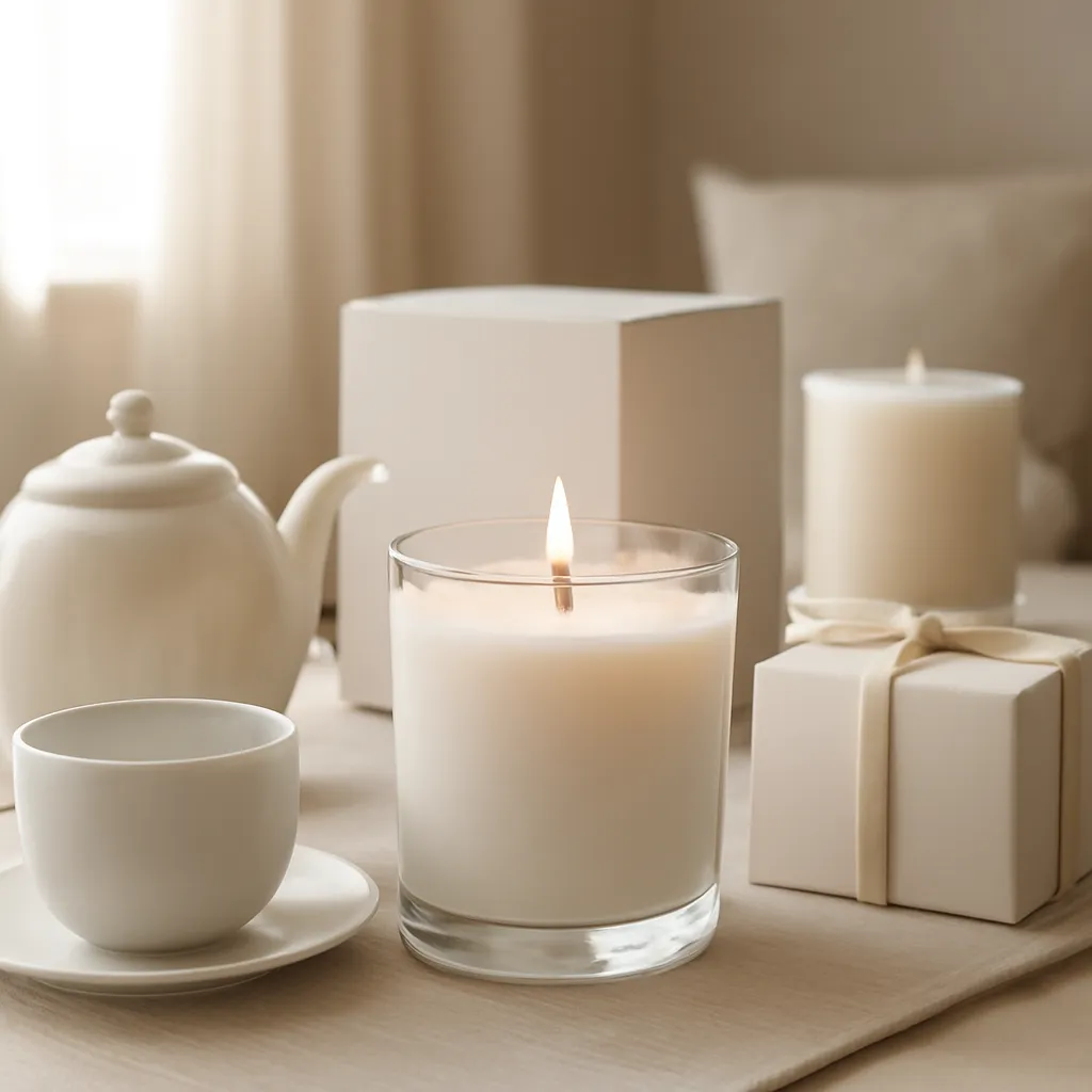 Commercial CTA image: premium scented candle presentation related to refined tea candle collection beside ceramic teaware, gift-ready ecommerce styling, no text