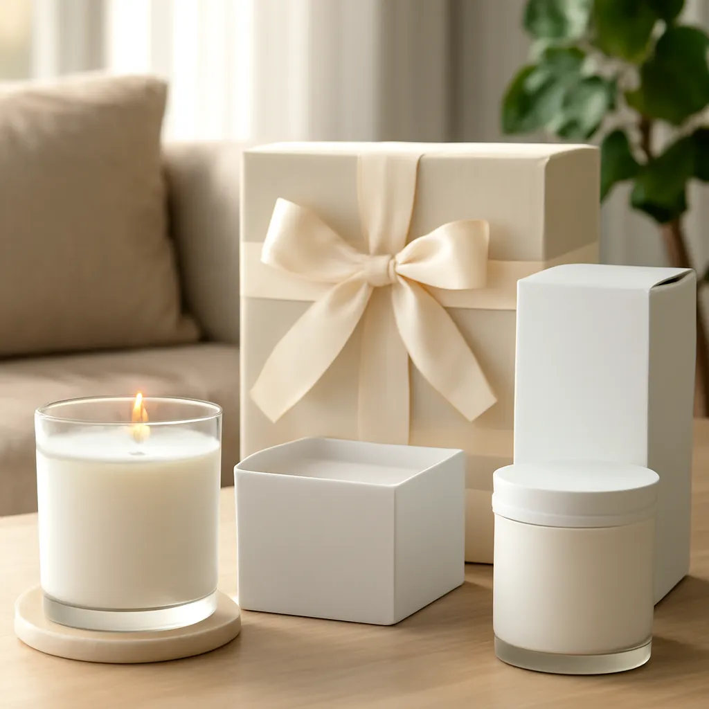 Commercial CTA image: premium scented candle presentation related to premium scented candle gift set with coordinated packaging, gift-ready ecommerce styling, no text