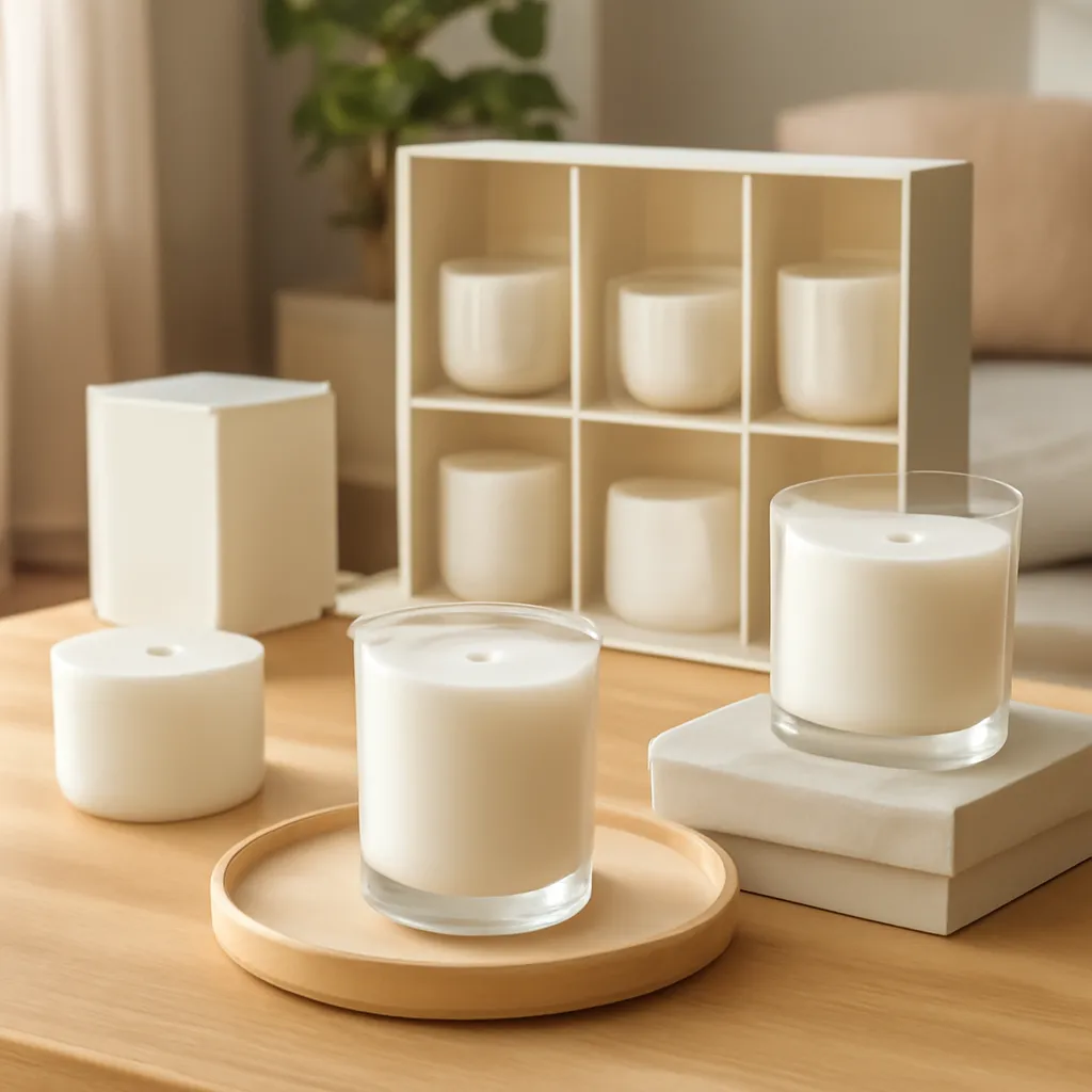 Commercial CTA image: premium scented candle presentation related to organized candle fragrance catalog with labeled scent families, gift-ready ecommerce styling, no text