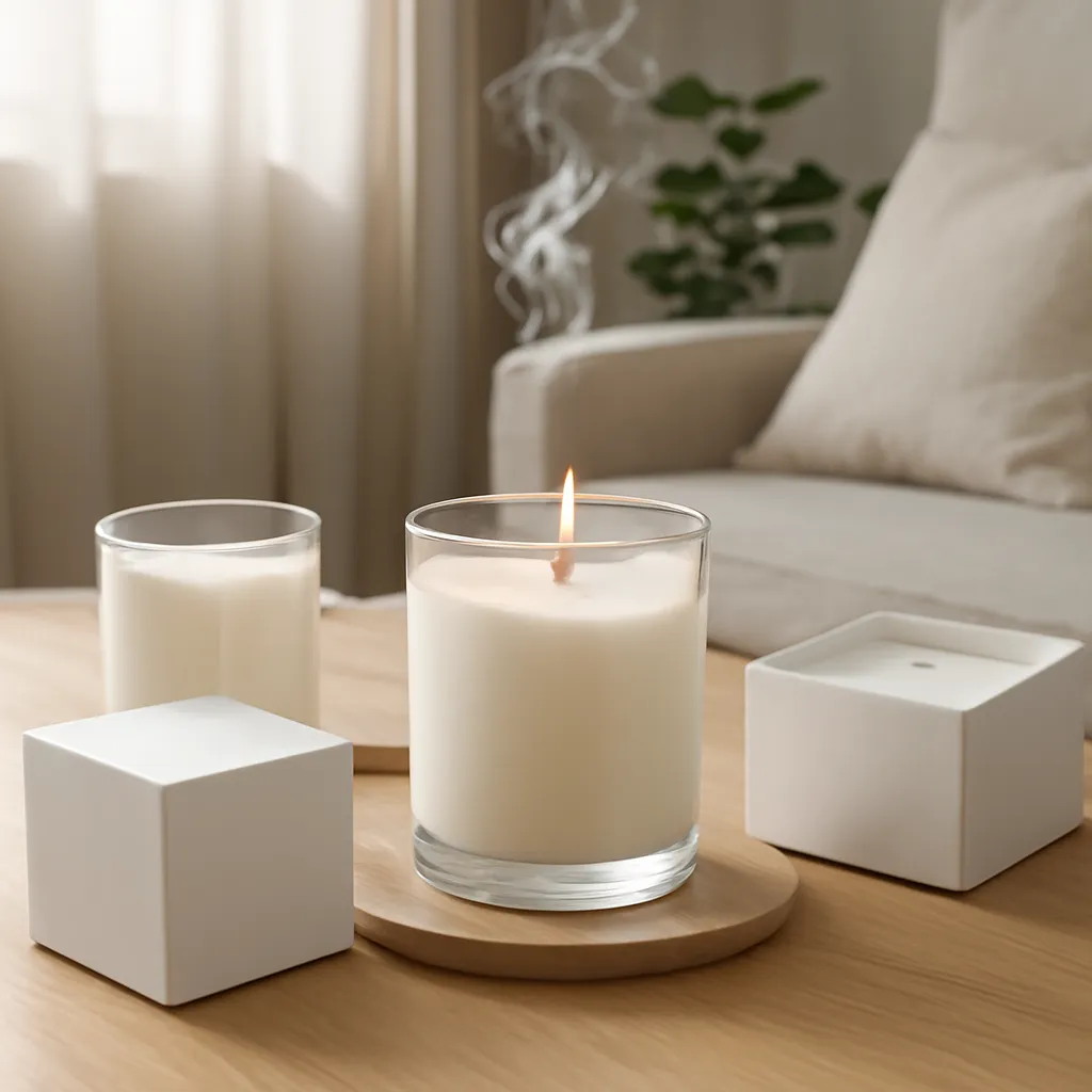 Commercial CTA image: premium scented candle presentation related to visible fragrance diffusion from a candle through a modern room, gift-ready ecommerce styling, no text