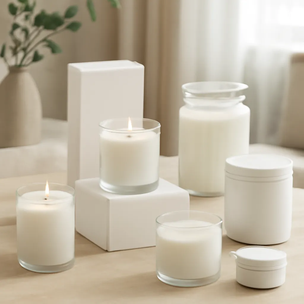 Commercial CTA image: premium scented candle presentation related to a complete premium scented candle collection representing multiple waxes and formats, gift-ready ecommerce styling, no text