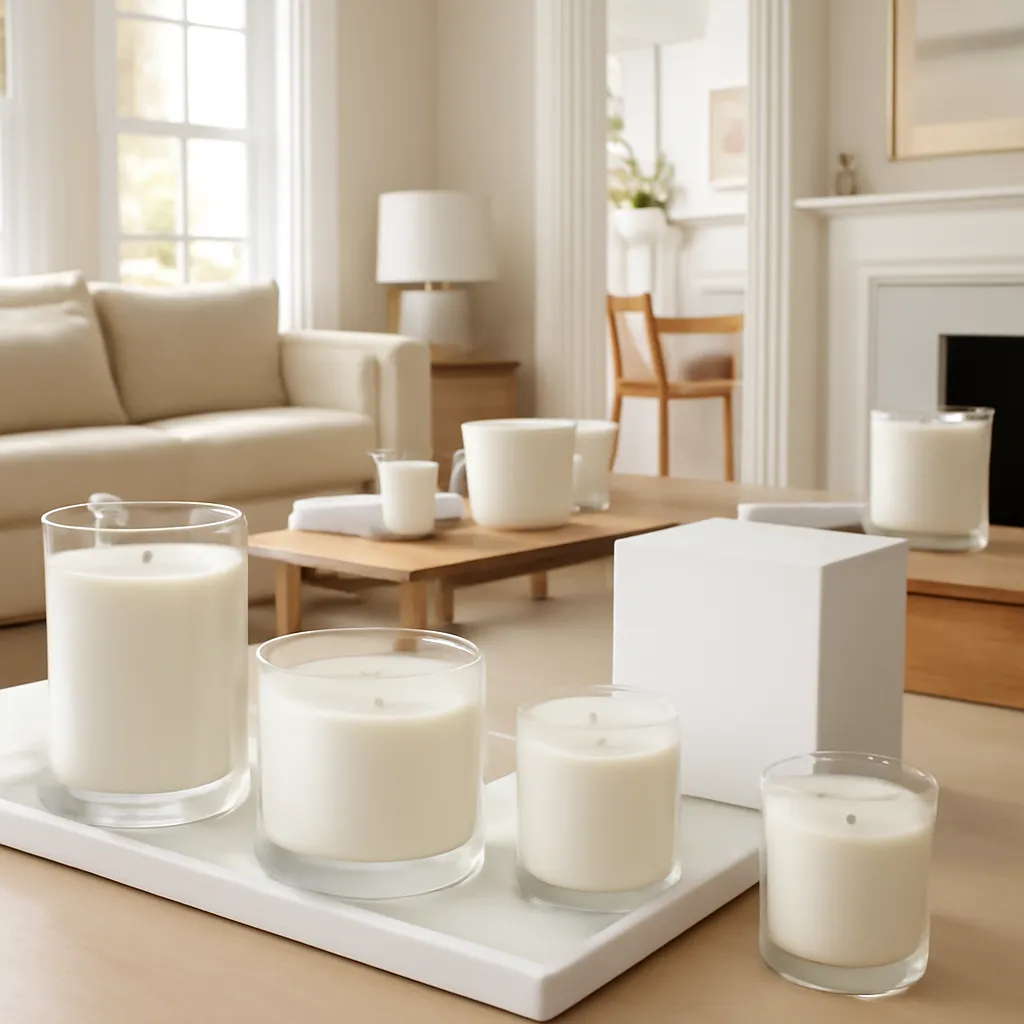 Commercial CTA image: premium scented candle presentation related to six-room American home styled with coordinated scented candles, gift-ready ecommerce styling, no text