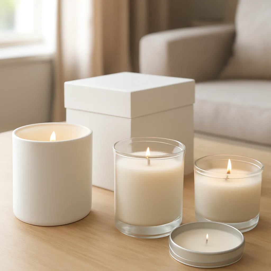 Commercial CTA image: premium scented candle presentation related to premium candles arranged for a structured quality comparison, gift-ready ecommerce styling, no text