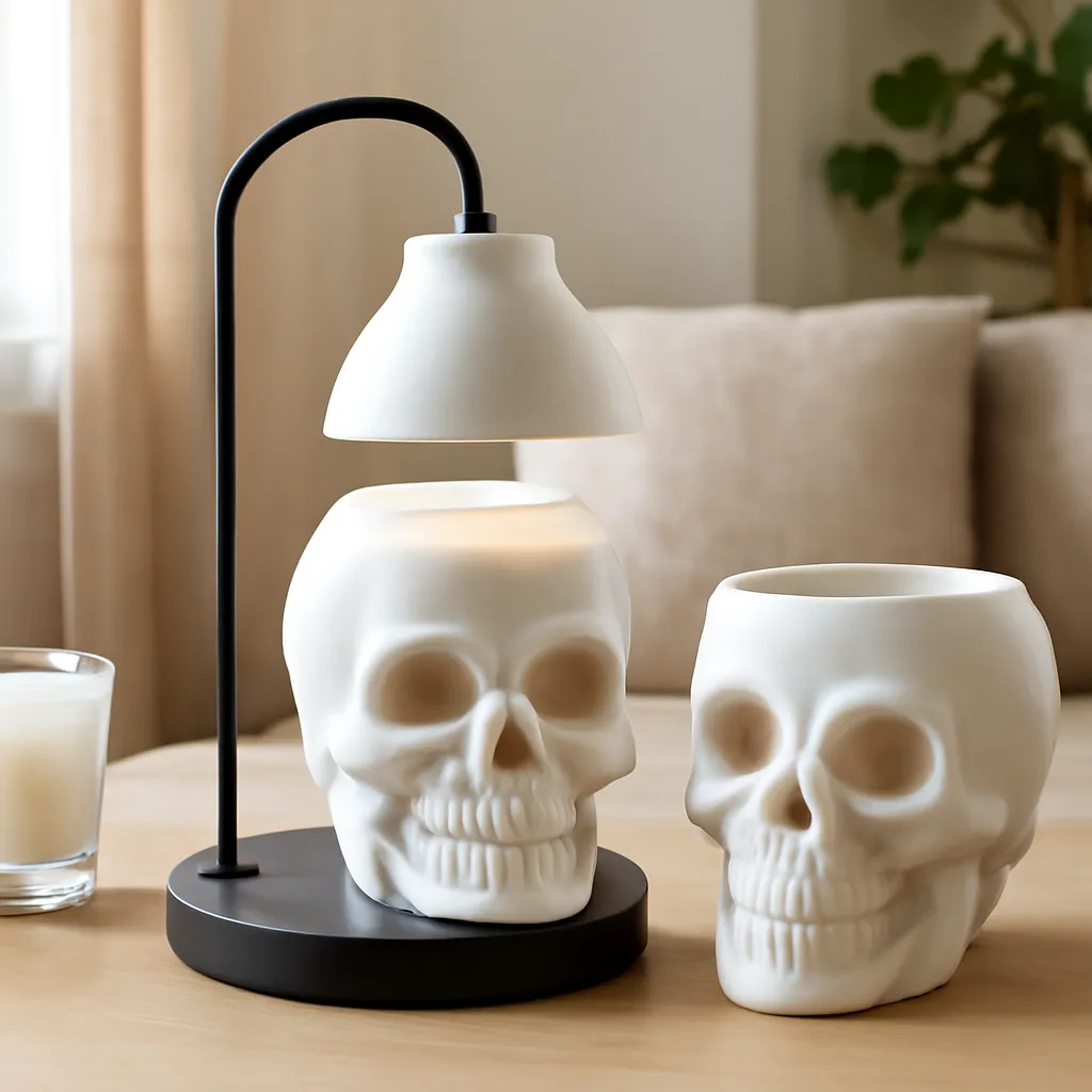 Commercial CTA image: gift-ready Skull Candle Warmer Lamp or skull wax warmer related to side-by-side skull candle warmer lamp and skull wax warmer, premium ecommerce photography, no text