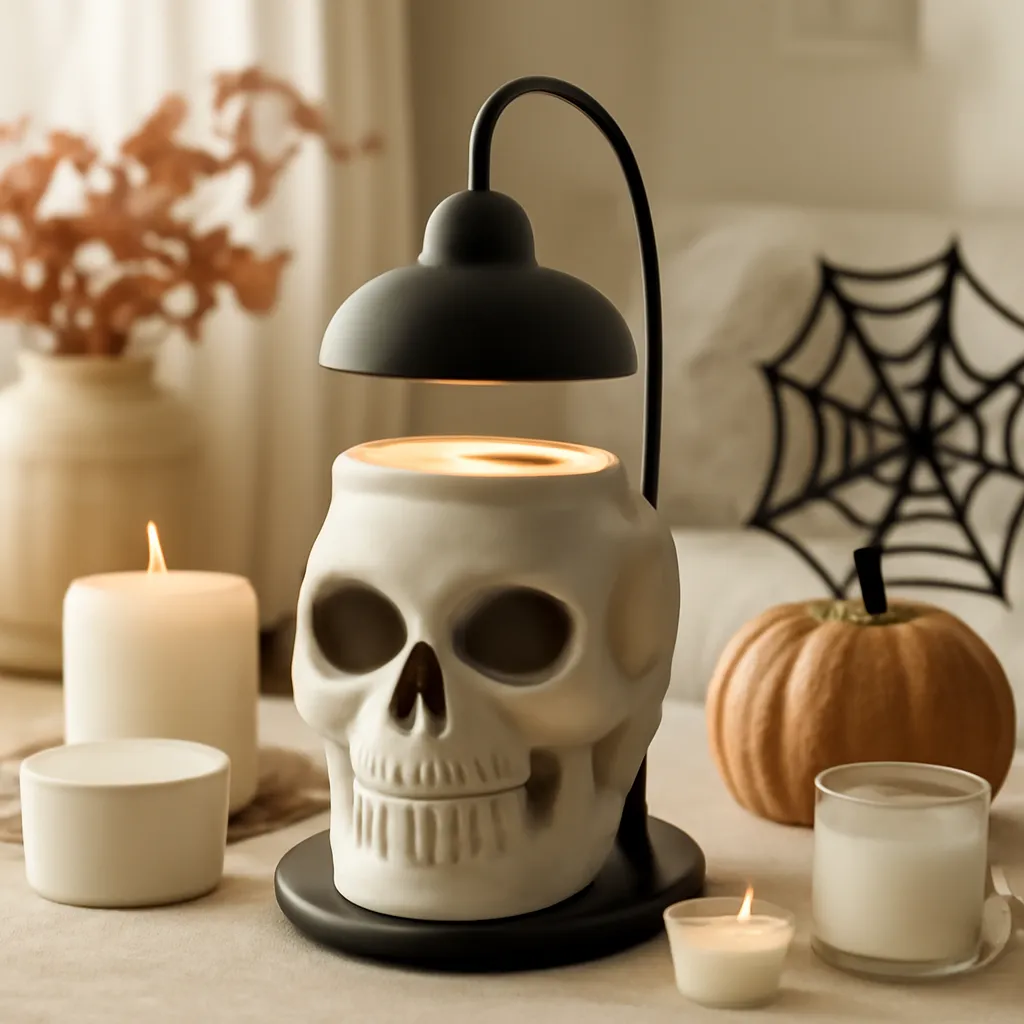 Commercial CTA image: gift-ready Skull Candle Warmer Lamp or skull wax warmer related to spooky candle warmer styled with elegant Halloween decorations, premium ecommerce photography, no text
