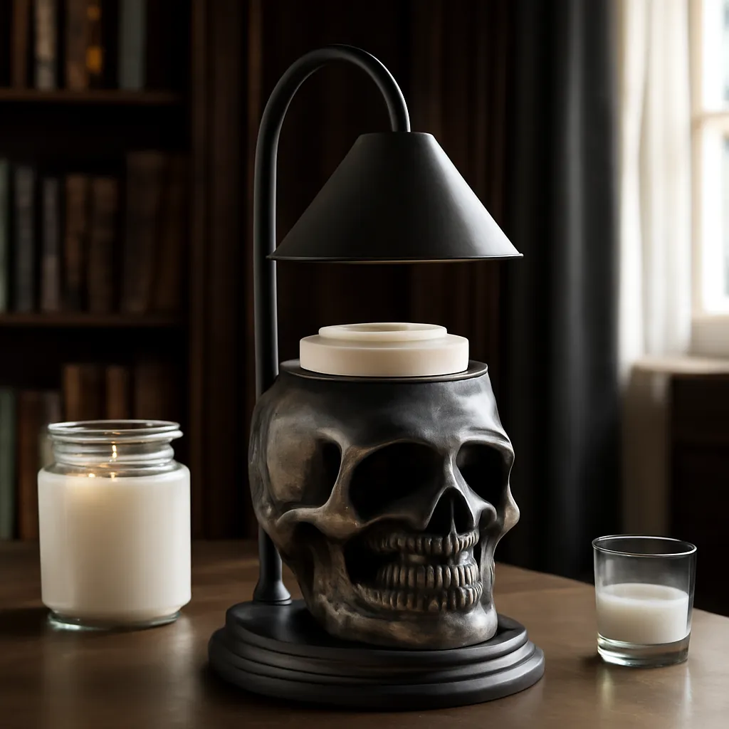 Commercial CTA image: gift-ready Skull Candle Warmer Lamp or skull wax warmer related to elegant Gothic candle warmer in a dark library-inspired interior, premium ecommerce photography, no text