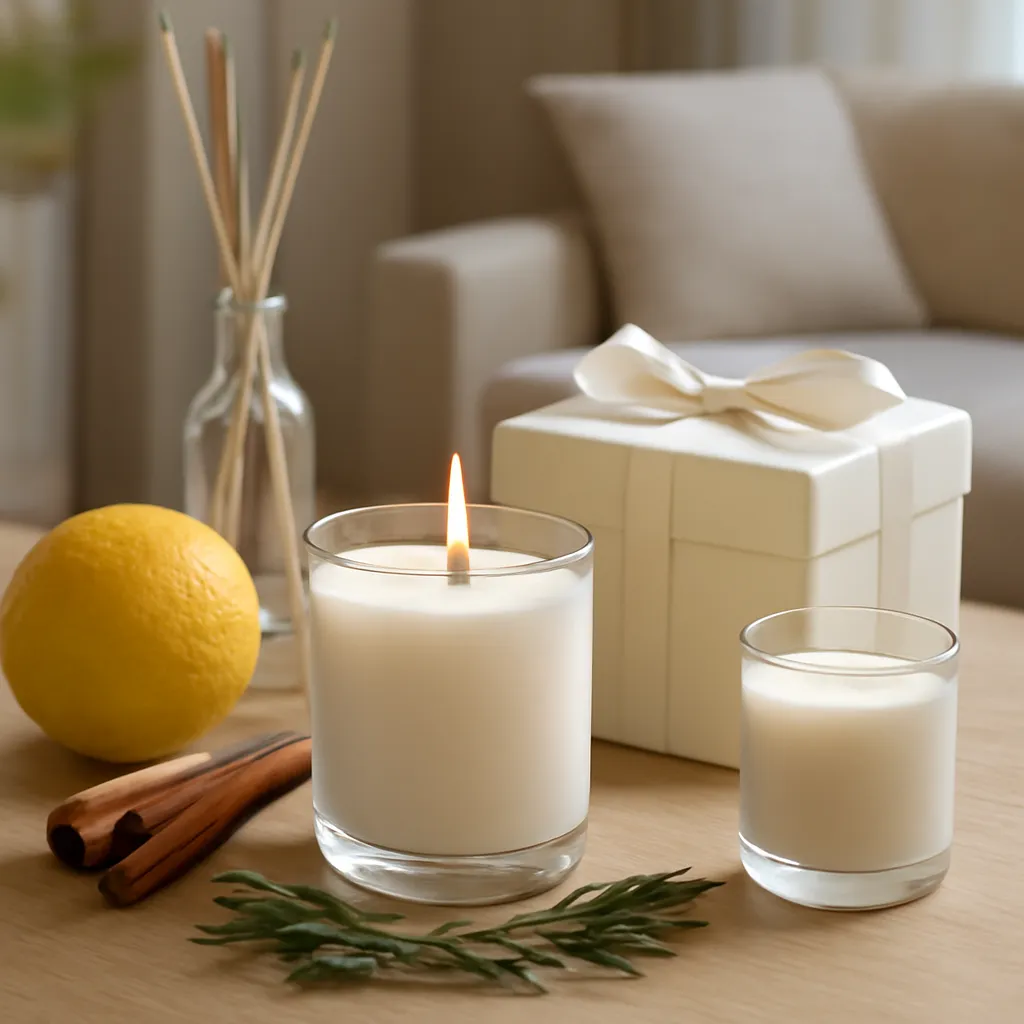 Commercial CTA image: premium scented candle presentation related to elegant scented candles with realistic fragrance ingredients, gift-ready ecommerce styling, no text