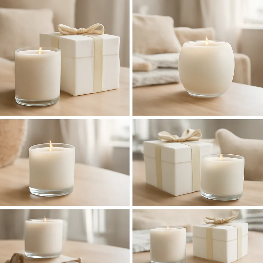 Commercial CTA image: gift-ready scented candle presentation related to six-room home fragrance collage, premium ecommerce photography, no text