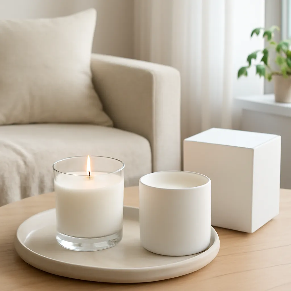 Commercial CTA image: premium scented candle presentation related to long-lasting candle fragrance in a calm home interior, gift-ready ecommerce styling, no text