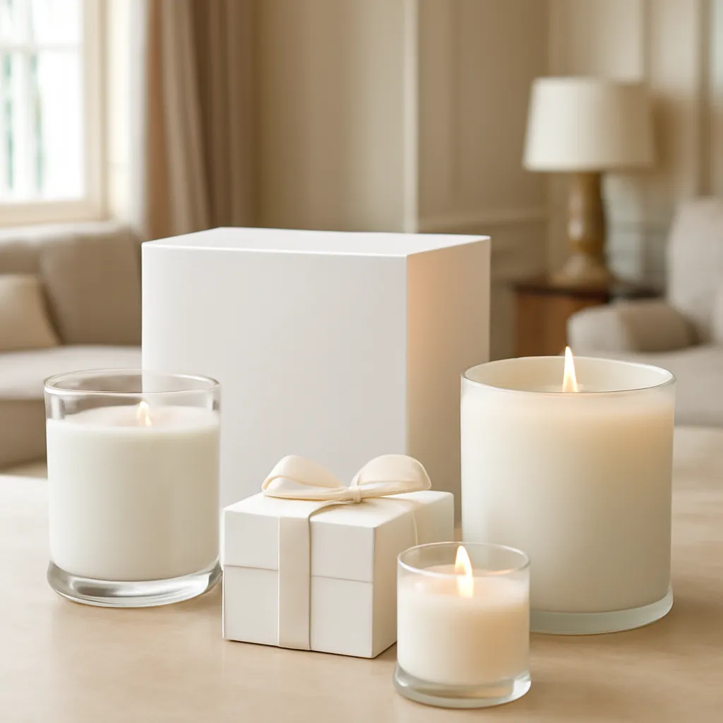 Commercial CTA image: premium scented candle presentation related to high-end candle collection in a refined hotel-inspired interior, gift-ready ecommerce styling, no text
