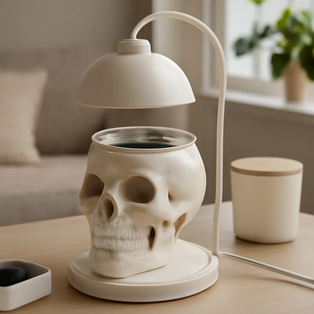 Commercial CTA image: gift-ready Skull Candle Warmer Lamp or skull wax warmer related to electric skull wax warmer melting dark seasonal wax cubes, premium ecommerce photography, no text