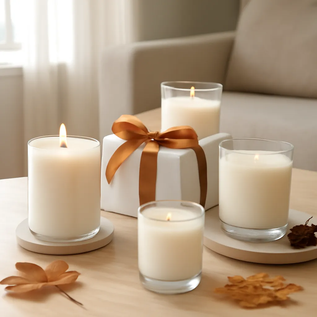 Commercial CTA image: elegant fall candle product presentation related to late-summer to early-fall scent transition, gift-ready styling, premium ecommerce photography, no text